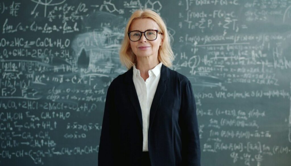 Een vrouw staat voor een schoolbord met sommen